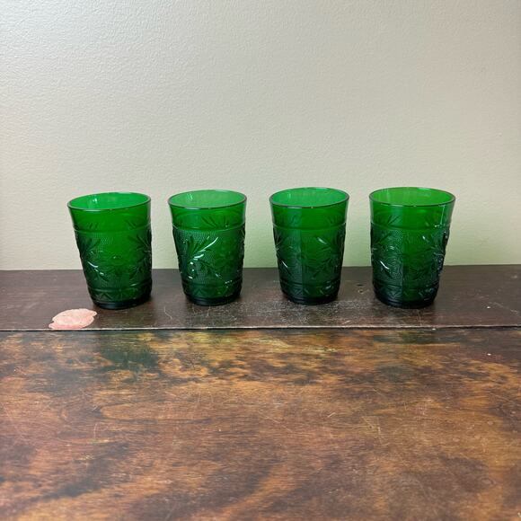 Set of 4 Anchor Hocking VTG 30s Forest Green Oatmeal Sandwich Pattern Glasses - Picture 5 of 9